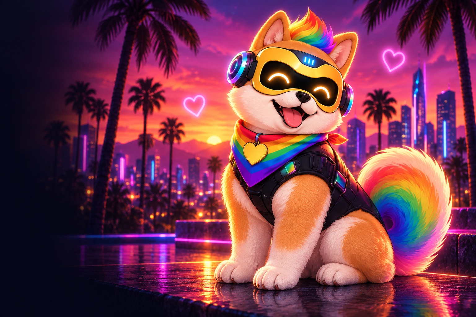 A happy Shiba Inu with a rainbow quiff, golden AI visor and rainbow scarf, glowing in a neon city at sunset.